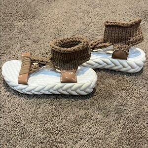 Brown and White Braided Sandals